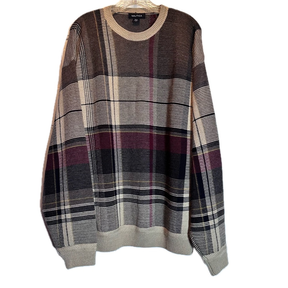 Náutica Sweater Men's Sz XL Wool Blend Burgandy Gray Vacation Sailing Old Money